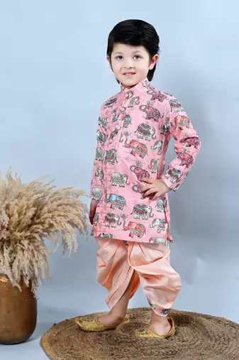 Boys cotton silk crochet animal printed kurta & dhoti set