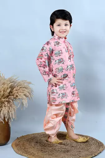Boys cotton silk crochet animal printed kurta & dhoti set