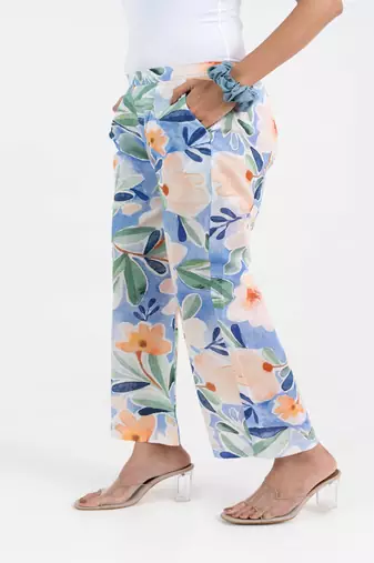 Sky blue printed floral broad fit cotton  pant