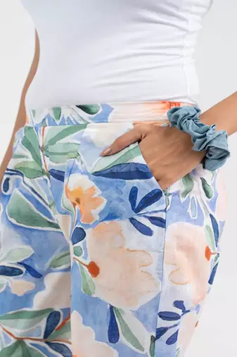 Sky blue printed floral broad fit cotton  pant