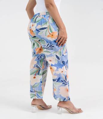 Sky blue printed floral broad fit cotton  pant 4