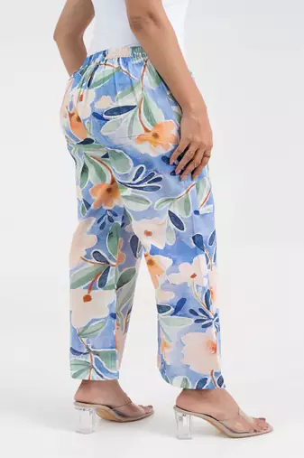 Sky blue printed floral broad fit cotton  pant