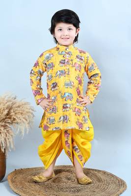 Boys cotton silk crochet animal printed kurta & dhoti set 1