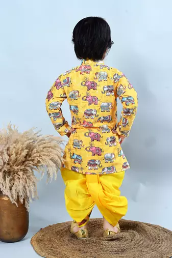 Boys cotton silk crochet animal printed kurta & dhoti set