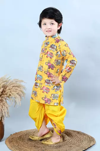 Boys cotton silk crochet animal printed kurta & dhoti set