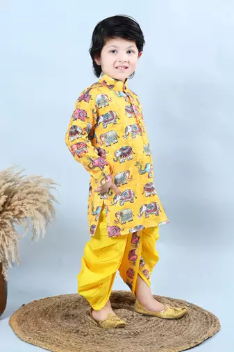 Boys cotton silk crochet animal printed kurta & dhoti set