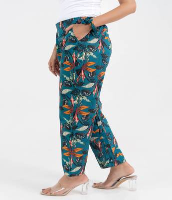 Teal floral printed straight fit cotton  pant 2