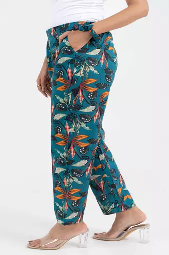 Teal floral printed straight fit cotton  pant