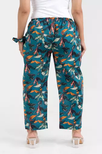 Teal floral printed straight fit cotton  pant