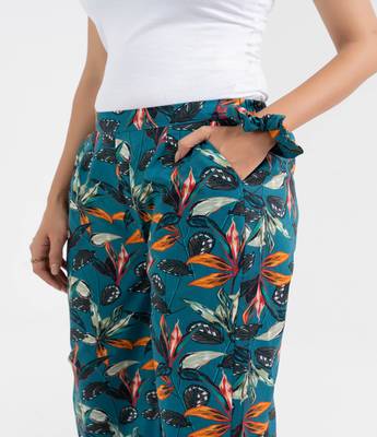 Teal floral printed straight fit cotton  pant 4