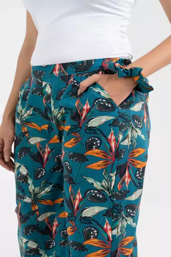 Teal floral printed straight fit cotton  pant