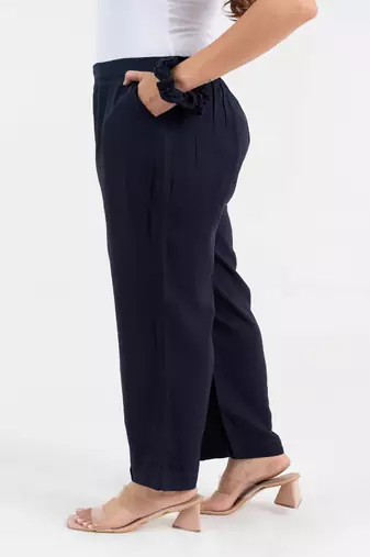 Navy blue solid viscose pant with pleated bottom