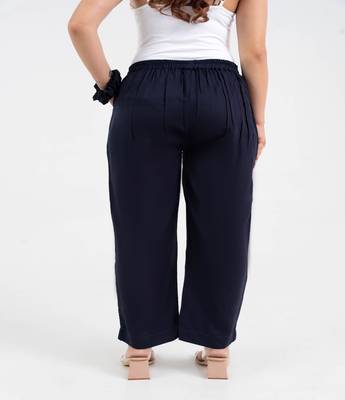 Navy blue solid viscose pant with pleated bottom 3
