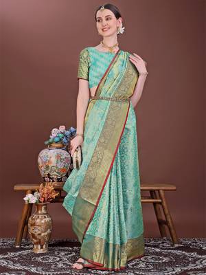 Teal zari woven silk blend saree 1