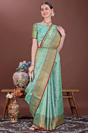 Teal zari woven silk blend saree