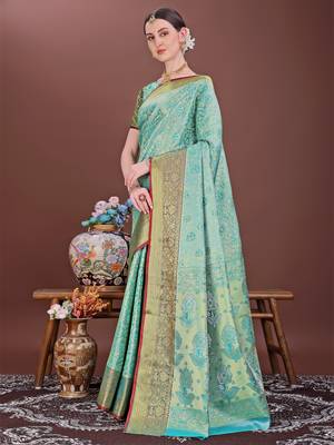 Teal zari woven silk blend saree 2