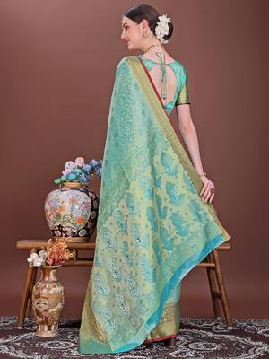Teal zari woven silk blend saree 3