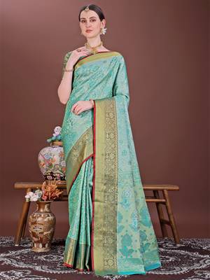 Teal zari woven silk blend saree 4