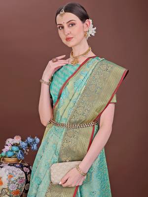 Teal zari woven silk blend saree 5