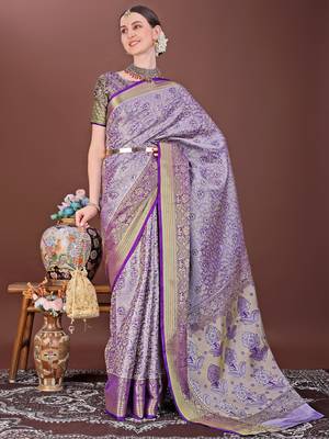 Purple zari woven silk blend saree 1