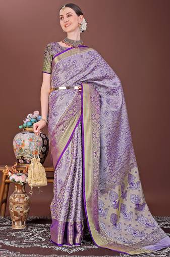 Purple zari woven silk blend saree