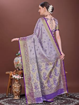 Purple zari woven silk blend saree 3