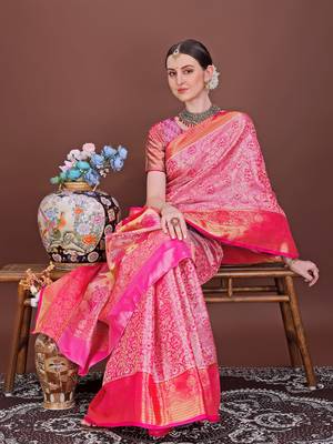 Pink zari woven silk blend saree 1