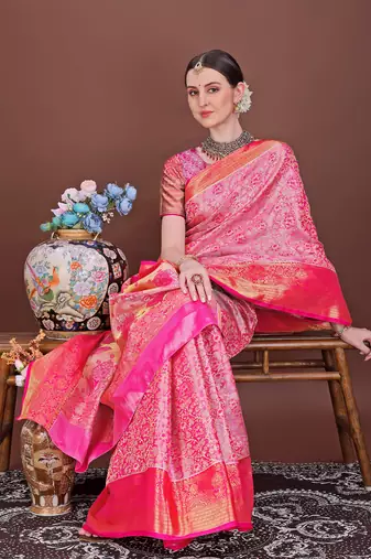 Pink zari woven silk blend saree