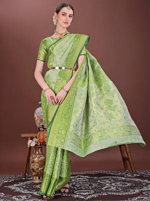 Mint green zari woven silk blend saree 1