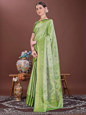 Mint green zari woven silk blend saree 2