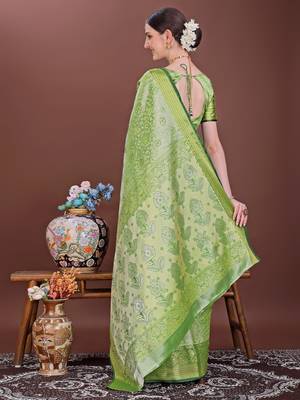 Mint green zari woven silk blend saree 3