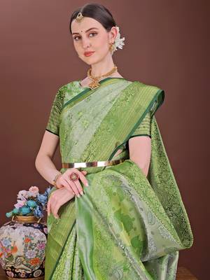 Mint green zari woven silk blend saree 4