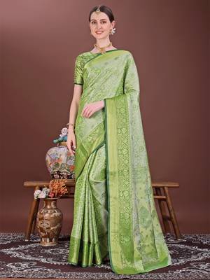 Mint green zari woven silk blend saree 5