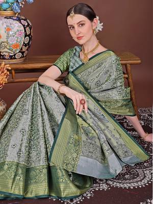 Dark green zari woven silk blend saree 1