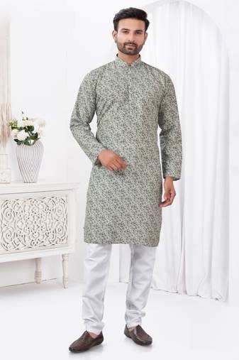 Grey rayon cotton digital print textured kurta pajama for mens(Upto 42" size)
