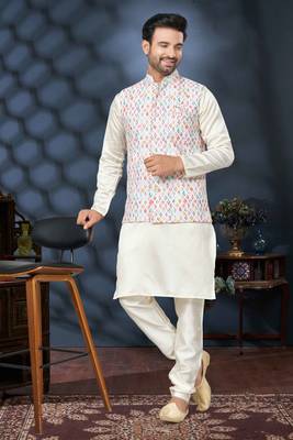 White silk sequins & digital print work textured kurta pajama with jacket for mens 1