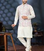 White silk sequins & digital print work textured kurta pajama with jacket for mens