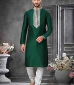 Green art silk embroidery work textured kurta pajama for mens