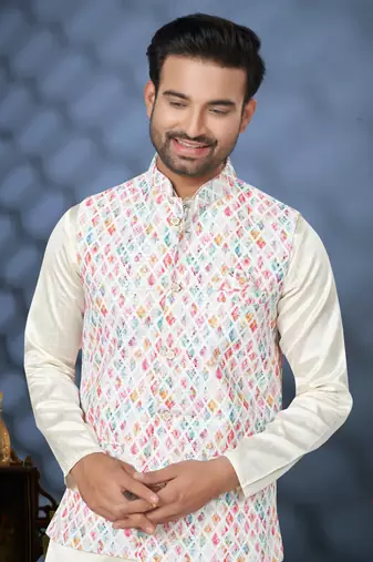 White silk sequins & digital print work textured kurta pajama with jacket for mens