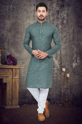 Teal green cotton digital print textured kurta pajama for mens 1