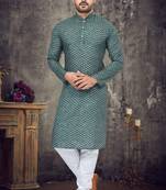 Teal green cotton digital print textured kurta pajama for mens