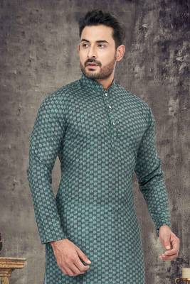Teal green cotton digital print textured kurta pajama for mens 2