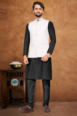 Black art  silk plain work textured kurta pajama with jacket for mens 1