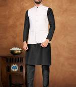 Black art  silk plain work textured kurta pajama with jacket for mens