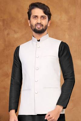 Black art  silk plain work textured kurta pajama with jacket for mens 2