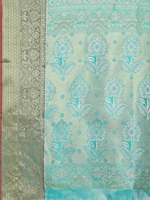 Teal zari woven silk blend saree 6