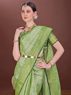 Mint green zari woven silk blend saree 6
