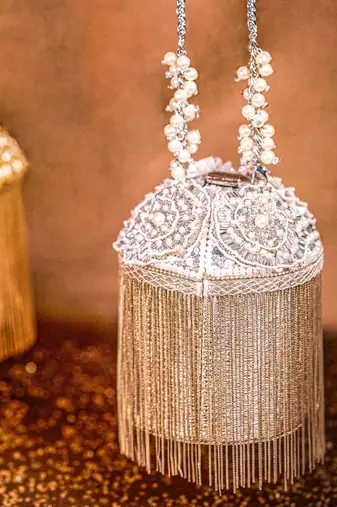Ella silver georgette handcrafted bucket bag
