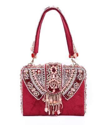 Sara maroon suede embellished box bag 1