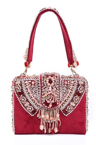 Sara maroon suede embellished box bag